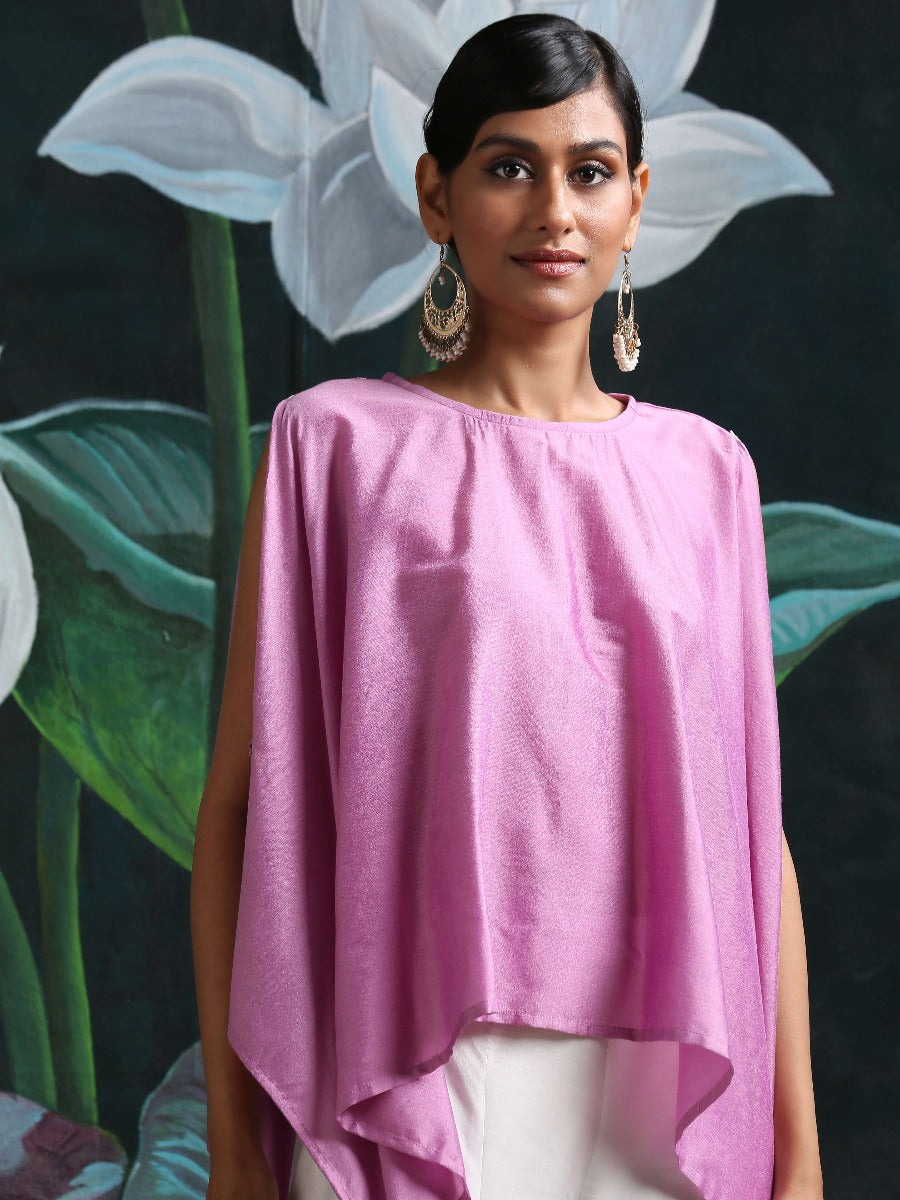 Cotton silk handkerchief hemline top detailed with attached tassels, along with flared dhoti pants Lilac