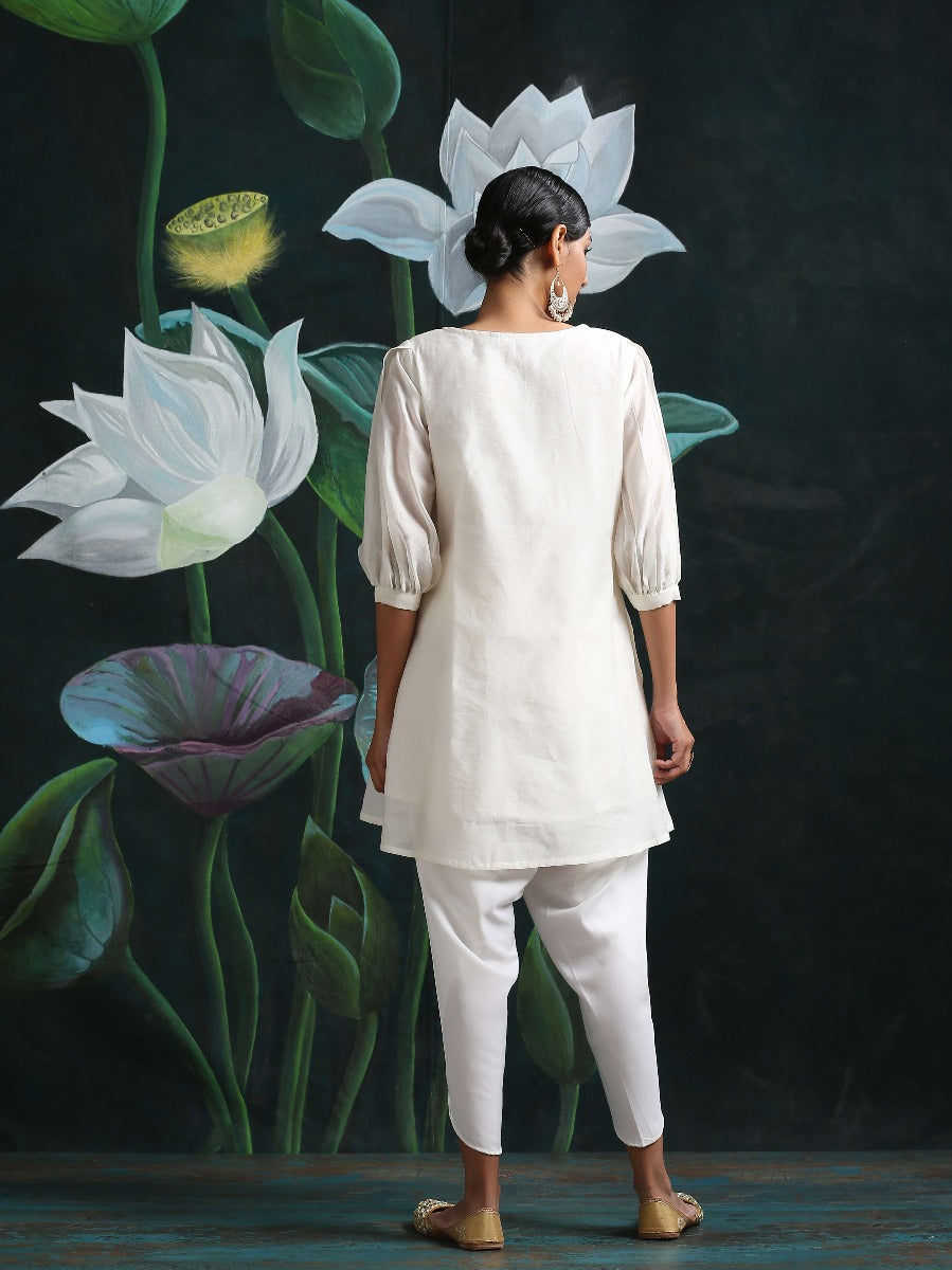 Chandheri flared kurti with overlapping gathered sleeves and tulip pants White
