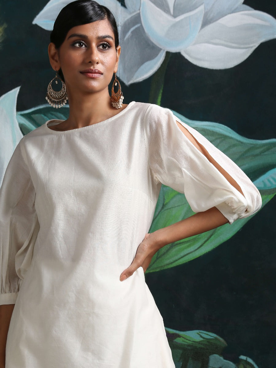 Chandheri flared kurti with overlapping gathered sleeves and tulip pants White