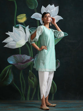 Chandheri flared kurti with overlapping gathered sleeves and tulip pants Green
