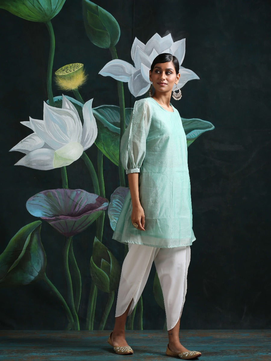Chandheri flared kurti with overlapping gathered sleeves and tulip pants Green