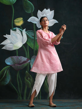 Chandheri flared kurti with overlapping gathered sleeves and tulip pants Pink