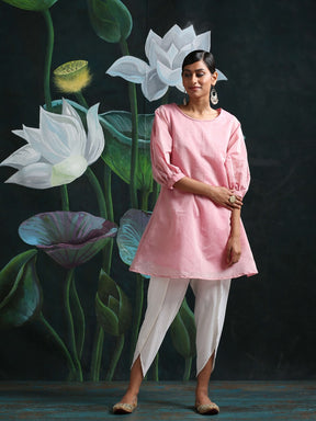 Chandheri flared kurti with overlapping gathered sleeves and tulip pants Pink