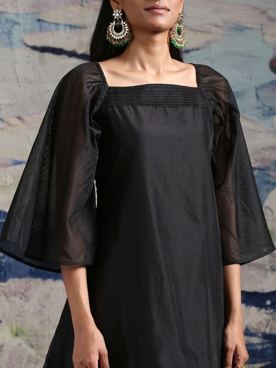 Chandheri short kurti with pleated upper yoke & billowy sleeves, along with pleated pants Black