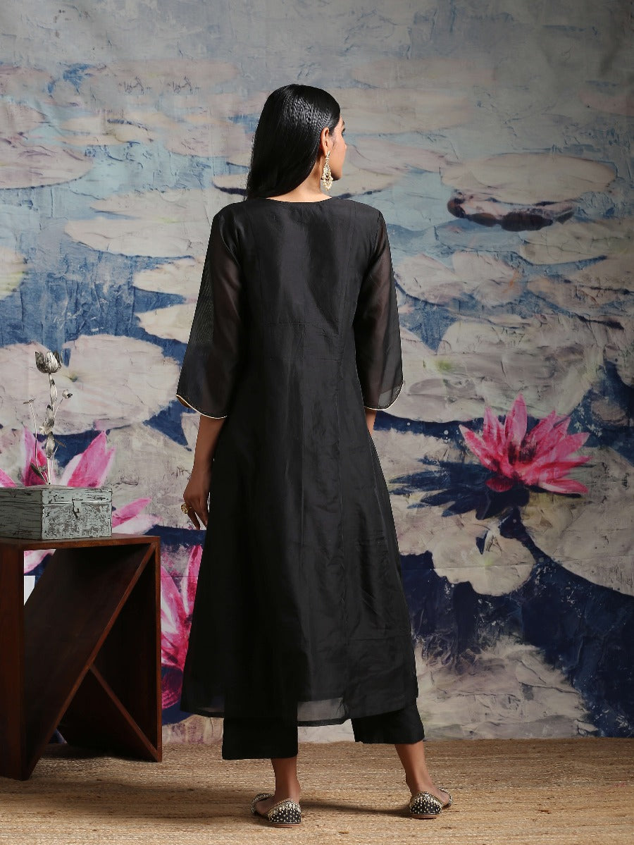 Chandheri panelled kurta with zari baswada yoke and straight pants Black