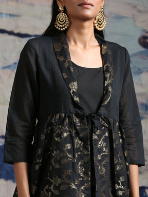 Cotton zari baswada jacket with Cotton silk slip and straight pants Black
