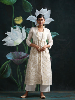 Cotton zari baswada jacket with Cotton silk slip and straight pants White