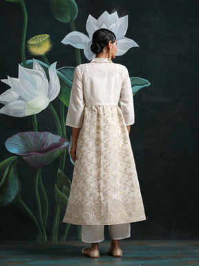 Cotton zari baswada jacket with Cotton silk slip and straight pants White