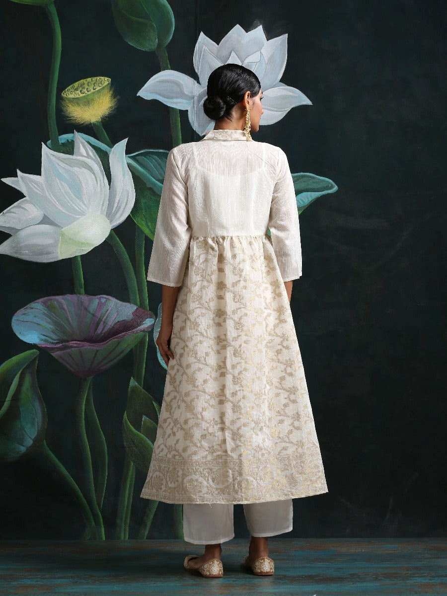 Cotton zari baswada jacket with Cotton silk slip and straight pants White