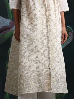 Cotton zari baswada jacket with Cotton silk slip and straight pants White