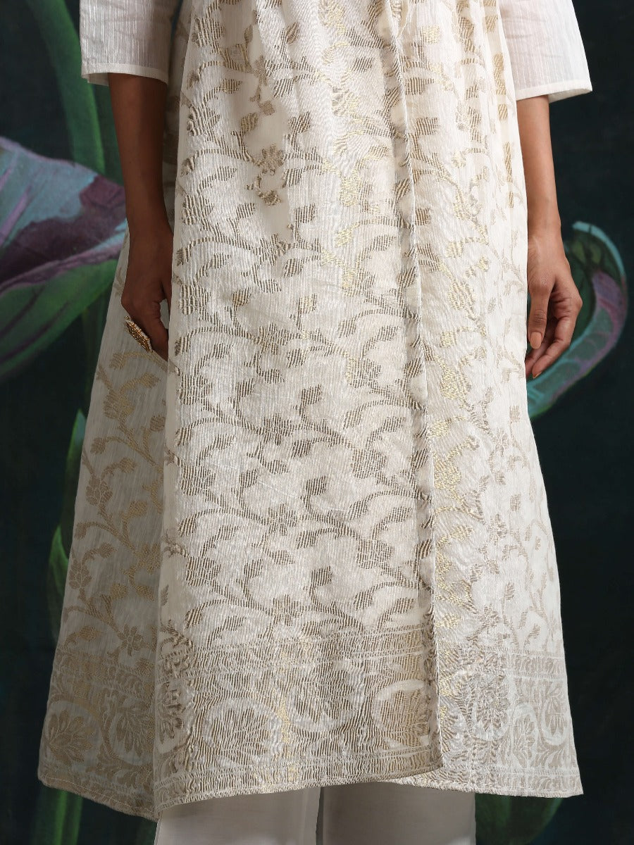 Cotton zari baswada jacket with Cotton silk slip and straight pants White