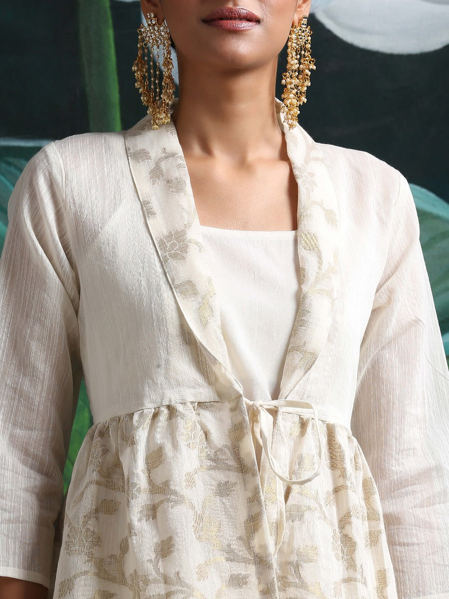 Cotton zari baswada jacket with Cotton silk slip and straight pants White