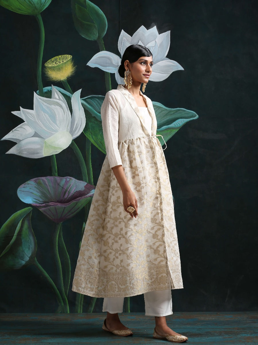 Cotton zari baswada jacket with Cotton silk slip and straight pants White