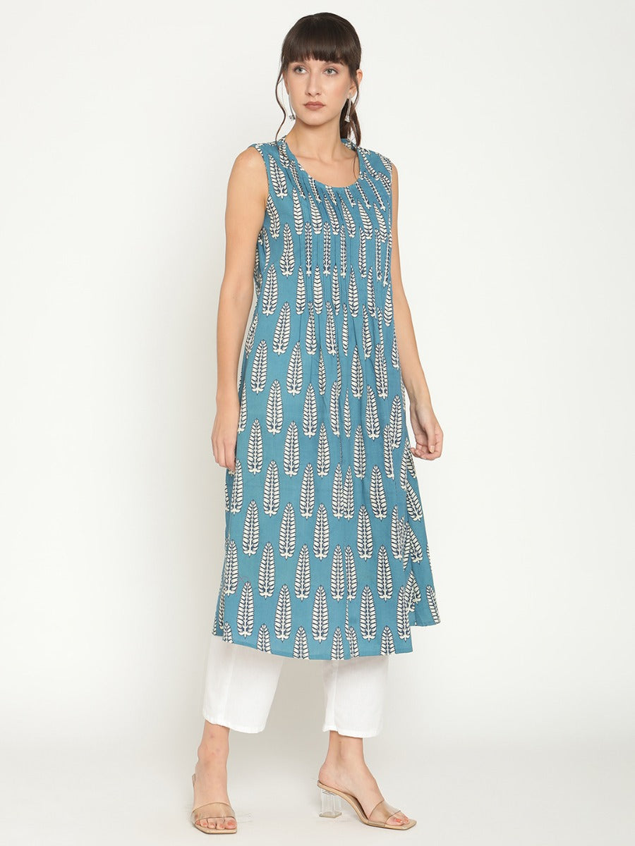 Abhishti pleated front printed kurta with straight pants-Multi