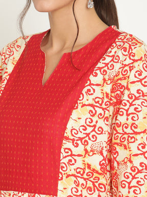 Abhishti contrast yoke printed kurta with straight pants-Red