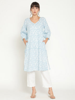 Abhishti blouson sleeve printed kurta with straight pants-Multi