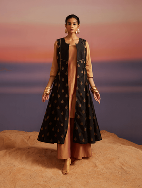 Coral Black Banarasi Kurta With Jacket and Palazzo