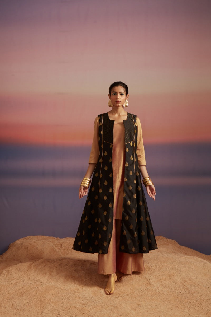 Coral Black Banarasi Kurta With Jacket and Palazzo
