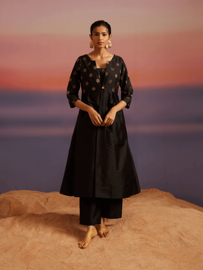 Coral Black Banarasi Kurta With Button Jacket and Pants