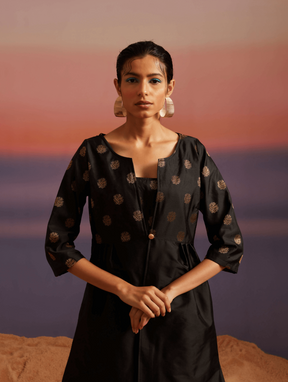 Coral Black Banarasi Kurta With Button Jacket and Pants