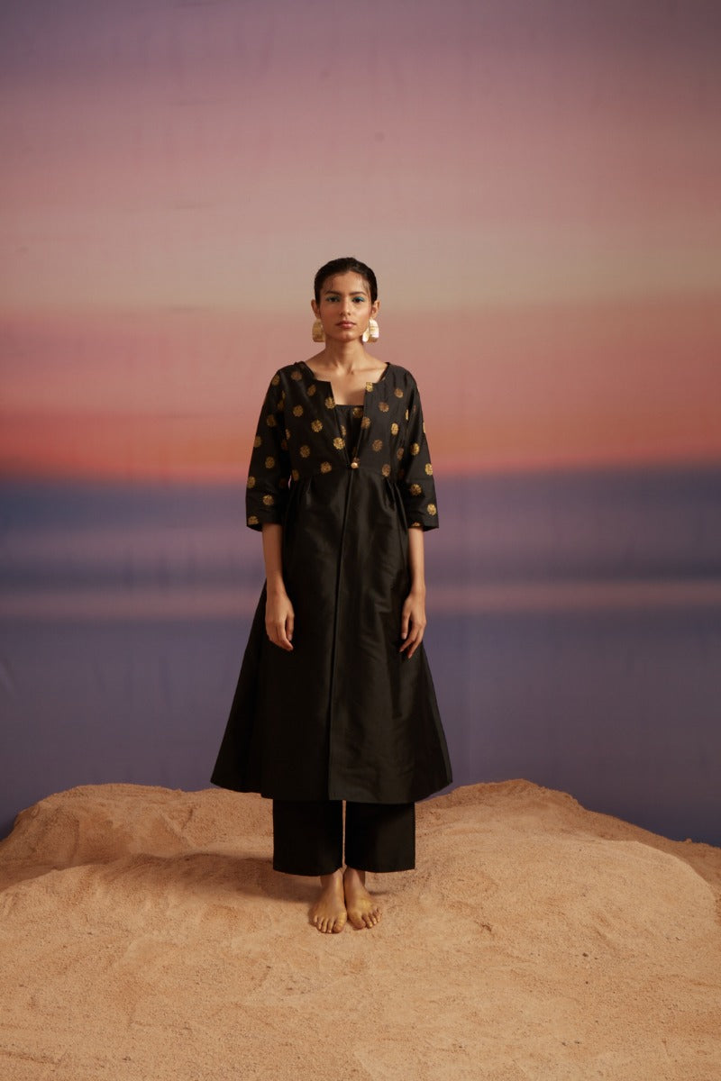 Coral Black Banarasi Kurta With Button Jacket and Pants