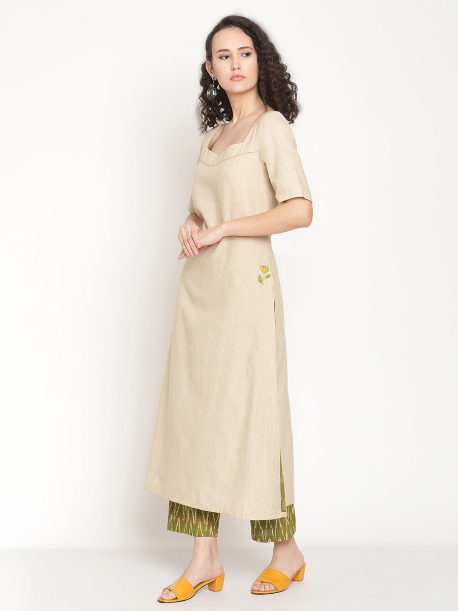 Sandy Fawn Kurta with Hand-embroidered Details and Pant