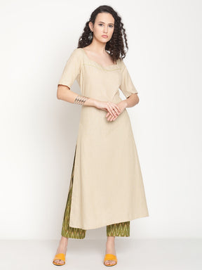 Sandy Fawn Kurta with Hand-embroidered Details and Pant