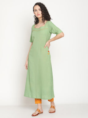 Fern Green Kurta Hand-embroidered Details And Pants