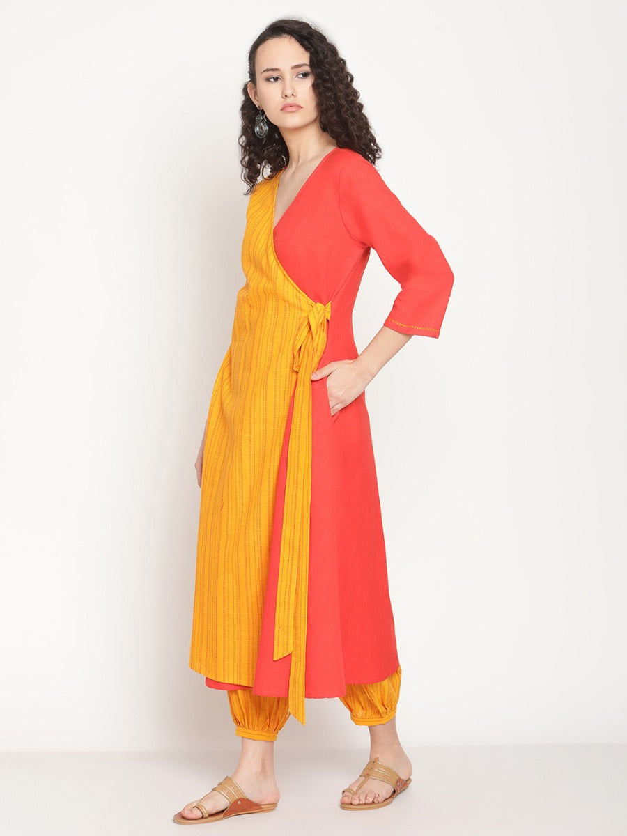 Sunset Orange Angrakha kurta With Slouchy Pants