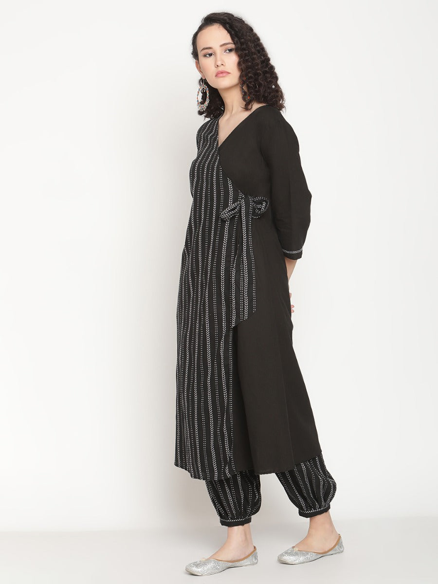 Midnight Black Angrakha Kurta With Slouchy Pants