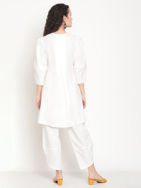 Pearl White Flared Kurta With Overlap Hem Pants