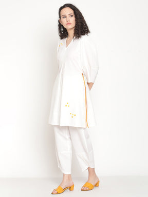 Pearl White Flared Kurta With Overlap Hem Pants