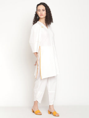 Pearl White Flared Kurta With Overlap Hem Pants