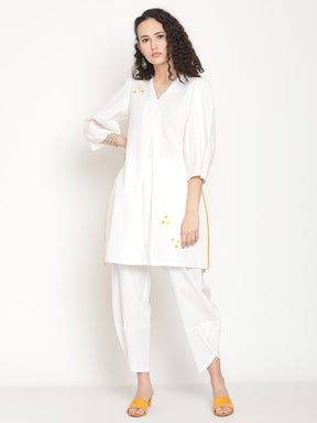 Pearl White Flared Kurta With Overlap Hem Pants