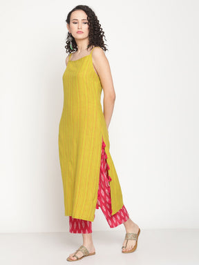 Spring Green Strappy Kurta With Straight Ikat Pants