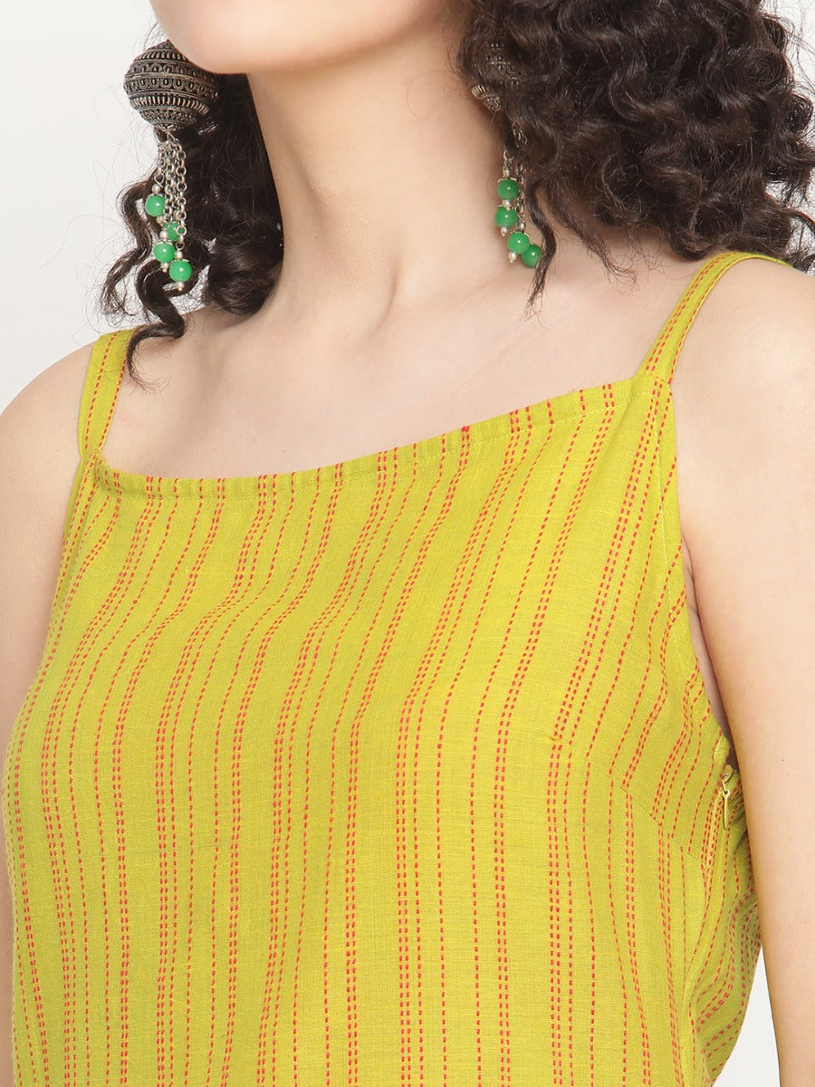 Spring Green Strappy Kurta With Straight Ikat Pants