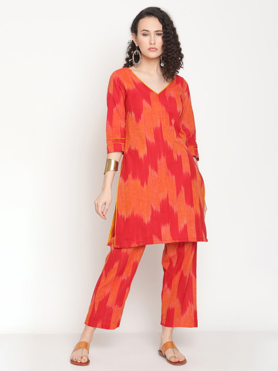 Spicy Red Straight V-neck Kurta with Straight Pants