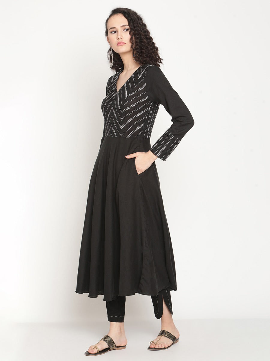 Midnight Black Flared kurta with U-hemline pants