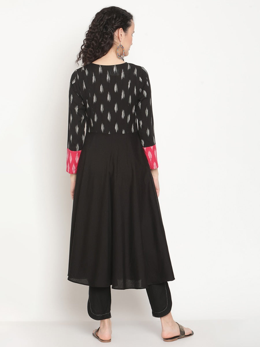 Midnight black Flared Ikat kurta with U-hemline pants