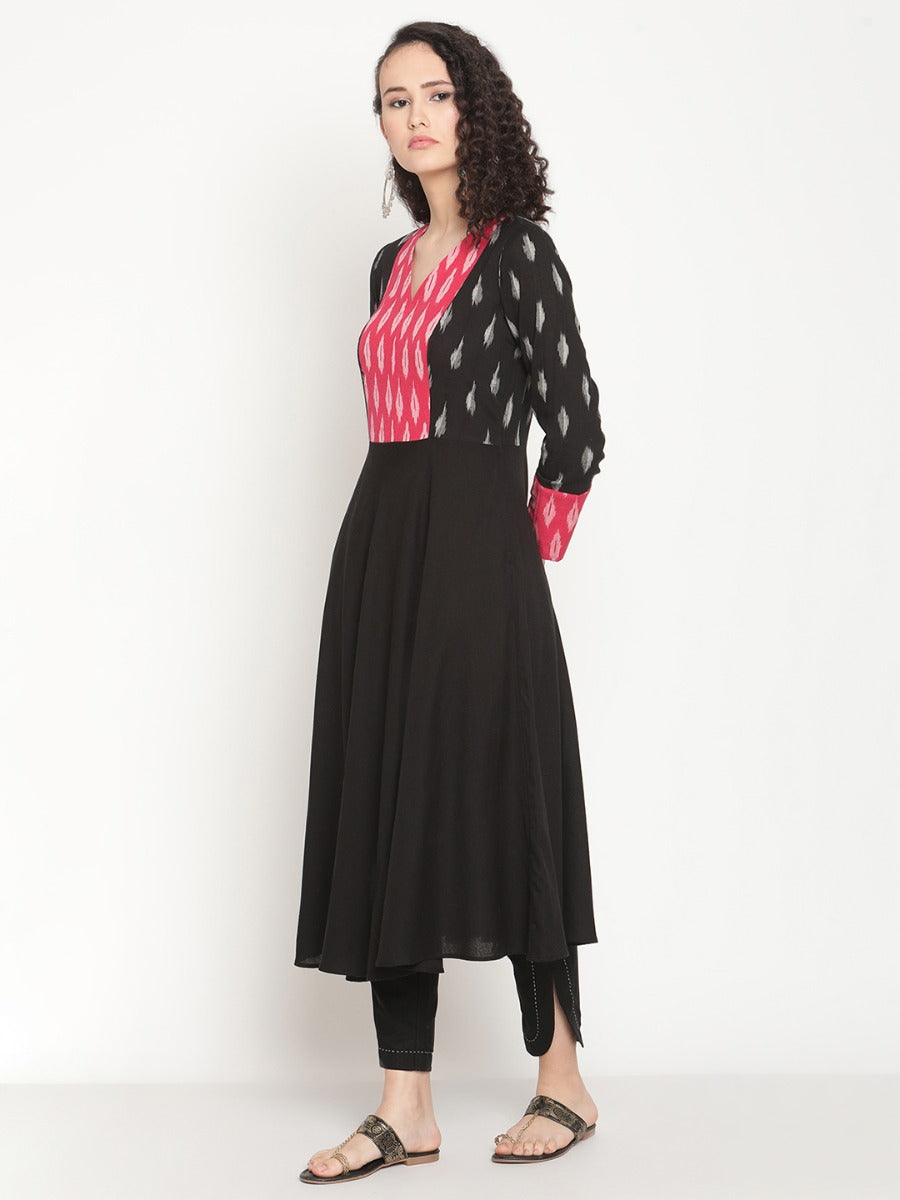 Midnight black Flared Ikat kurta with U-hemline pants