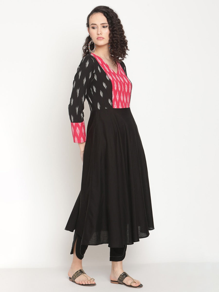 Midnight black Flared Ikat kurta with U-hemline pants