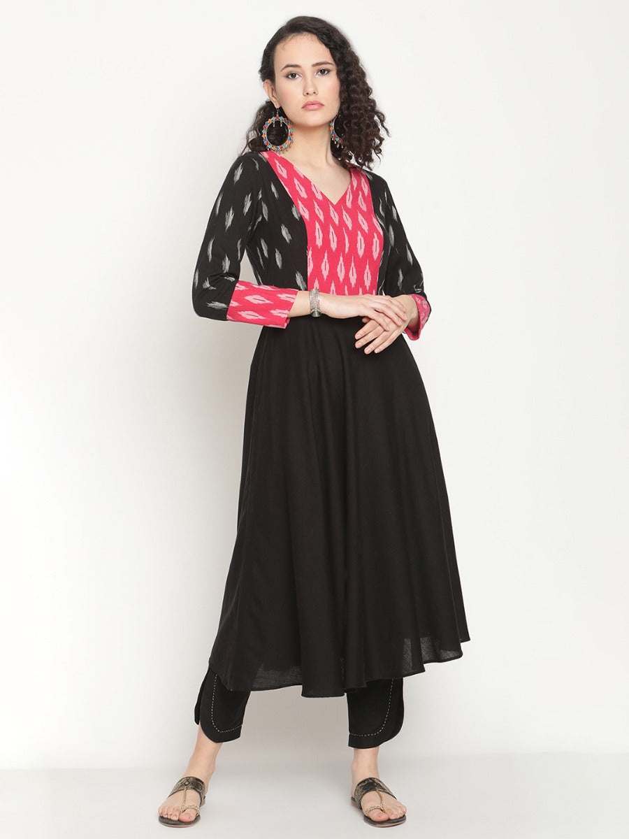 Midnight black Flared Ikat kurta with U-hemline pants