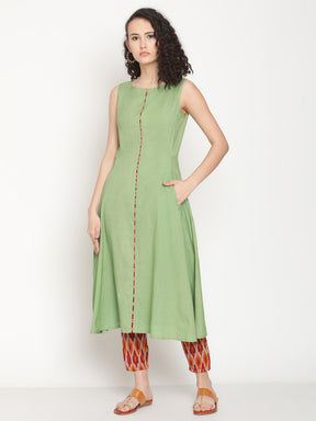 Fern Green Flared A-line Kurta With Side Slit and Pants
