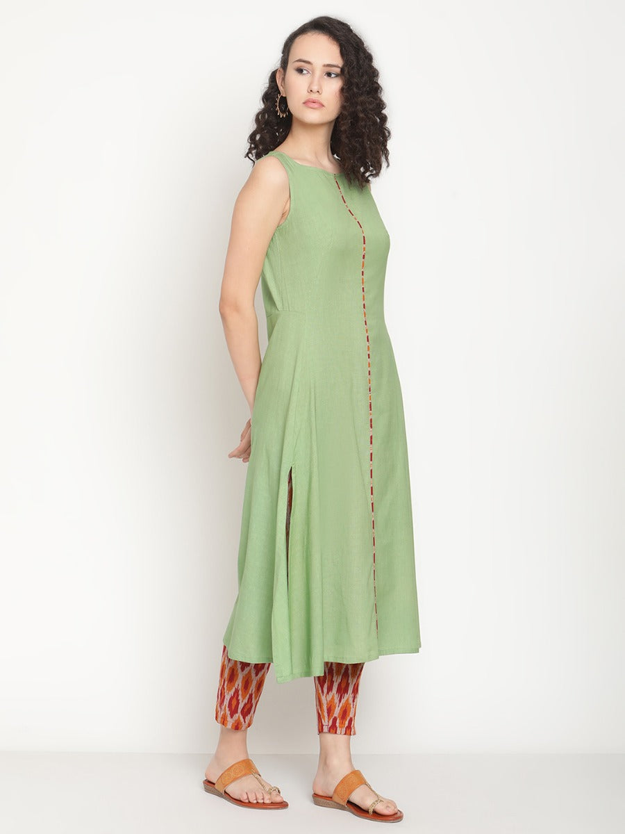 Fern Green Flared A-line Kurta With Side Slit and Pants