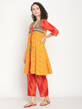 Red Straight V-neck Kurta With Boho Jacket And Pants