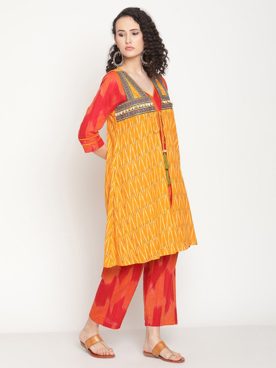 Red Straight V-neck Kurta With Boho Jacket And Pants