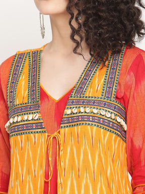 Red Straight V-neck Kurta With Boho Jacket And Pants
