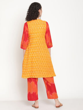 Red Straight V-neck Kurta With Boho Jacket And Pants