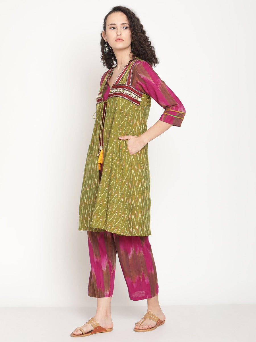 Purple Wine V-neck Kurta With Boho Jacket And Pants