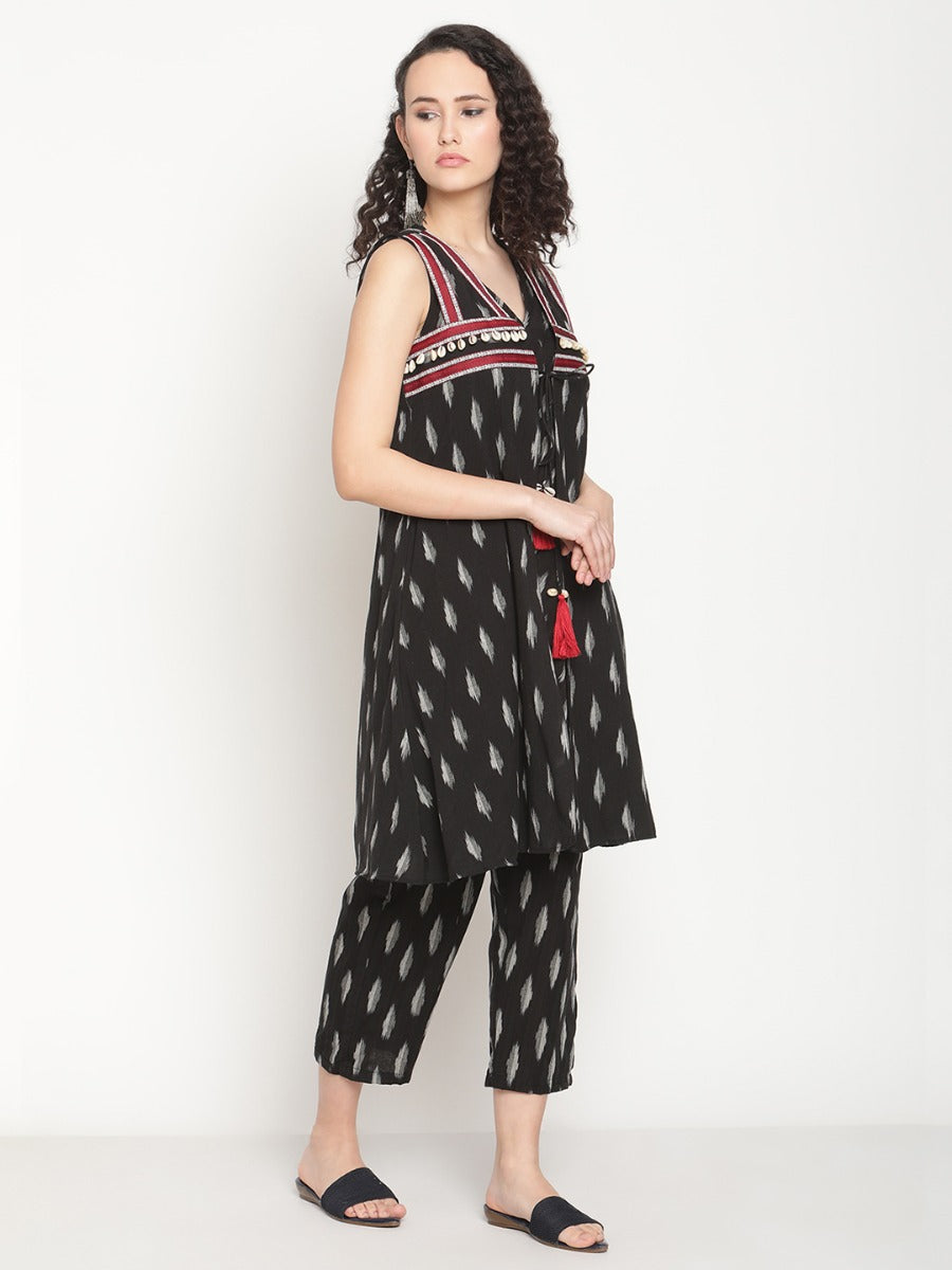 Midnight Black V-neck Kurta With Boho Jacket And Pants